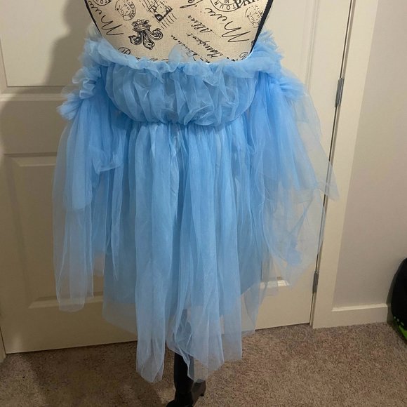 light blue lined tulle princess dress with off the shoulder sleeves - Picture 3 of 5